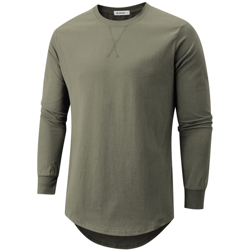 KLIEGOU Mens Cotton Hipster Hip Hop Longline Long Sleeve T Shirt 67(ArmyGreen L) - Image 1